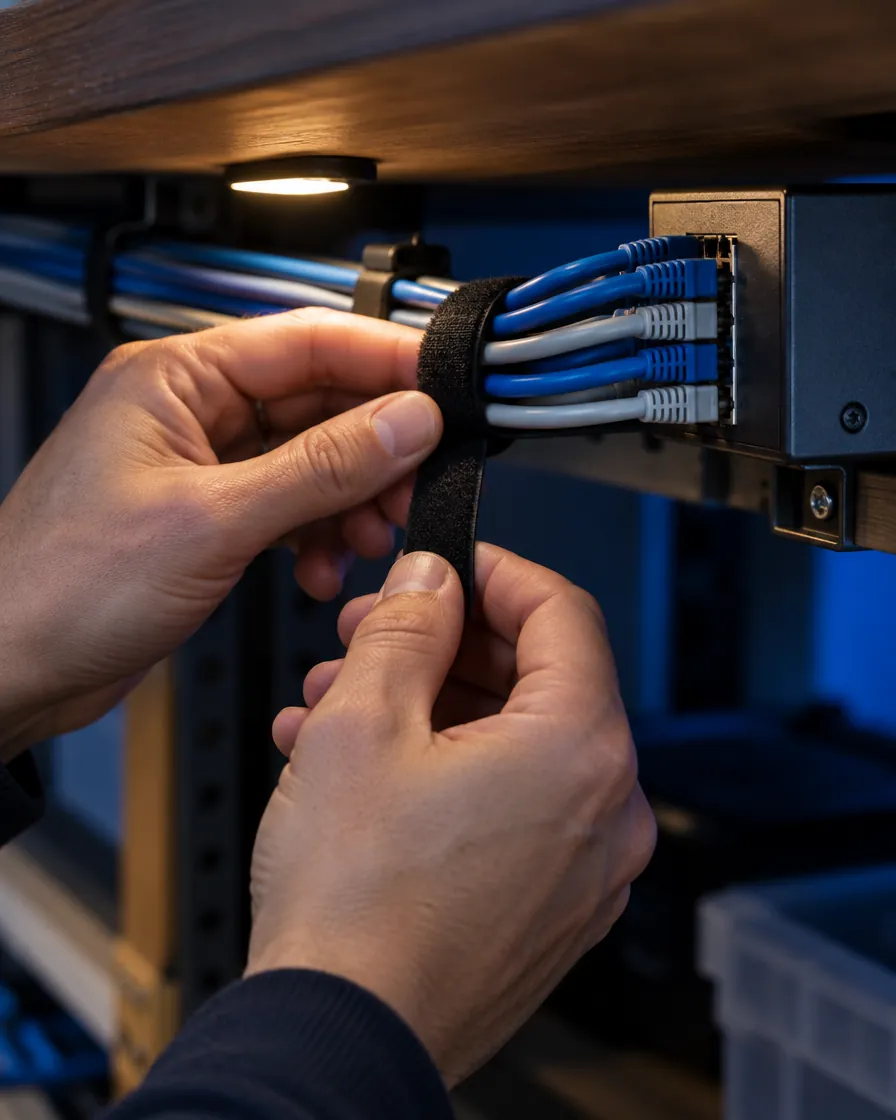 Hands tying network cables into a neat bundle under a counter