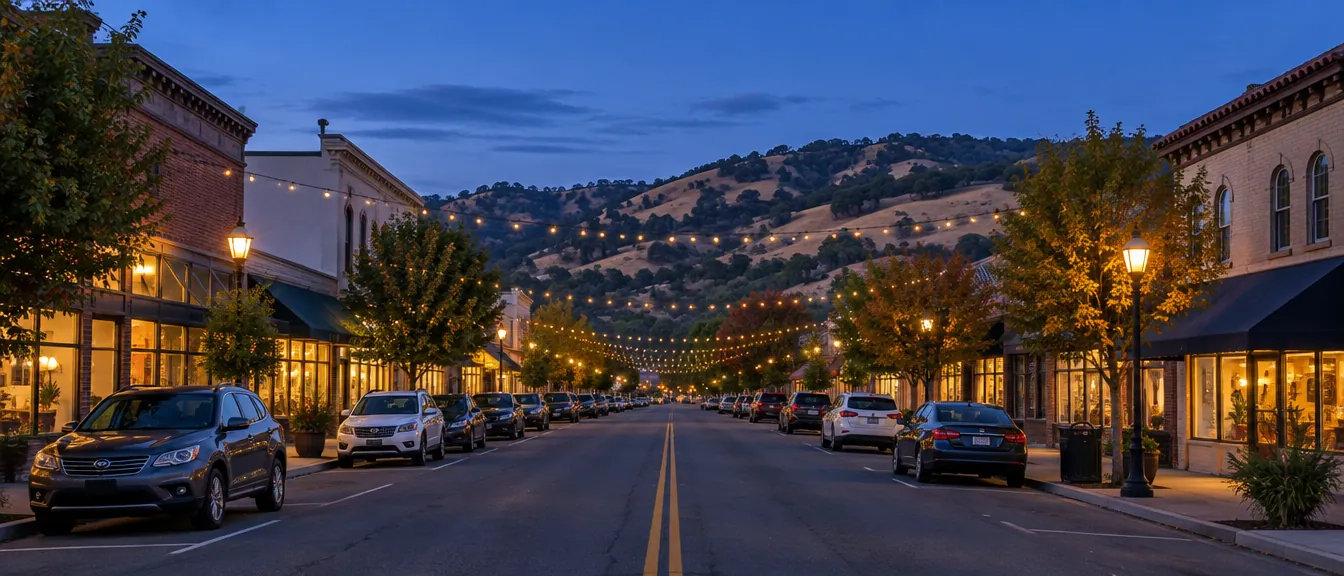 The main street of a small Northern California town at dusk, shop windows lit