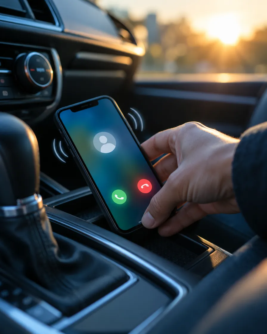 A hand picking up a ringing phone in a car