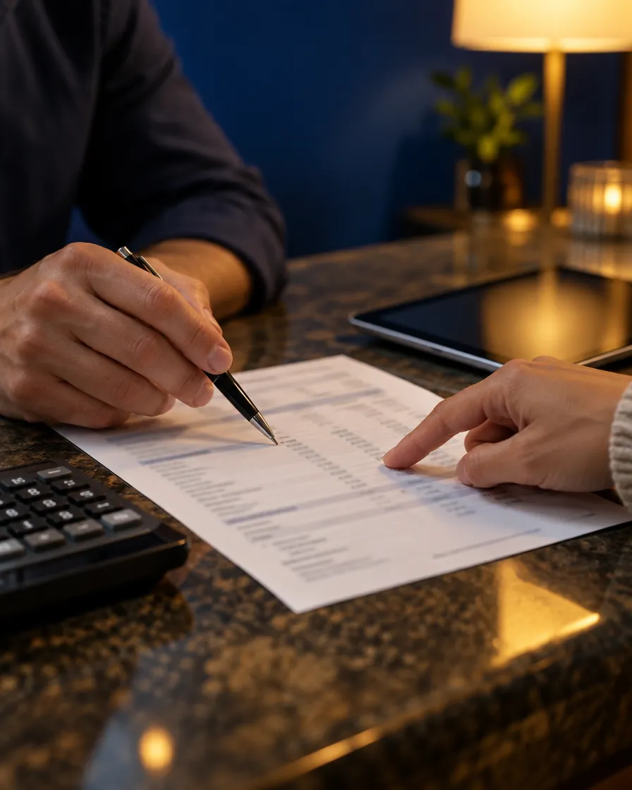 Two people going over a printed statement with a pen at a counter