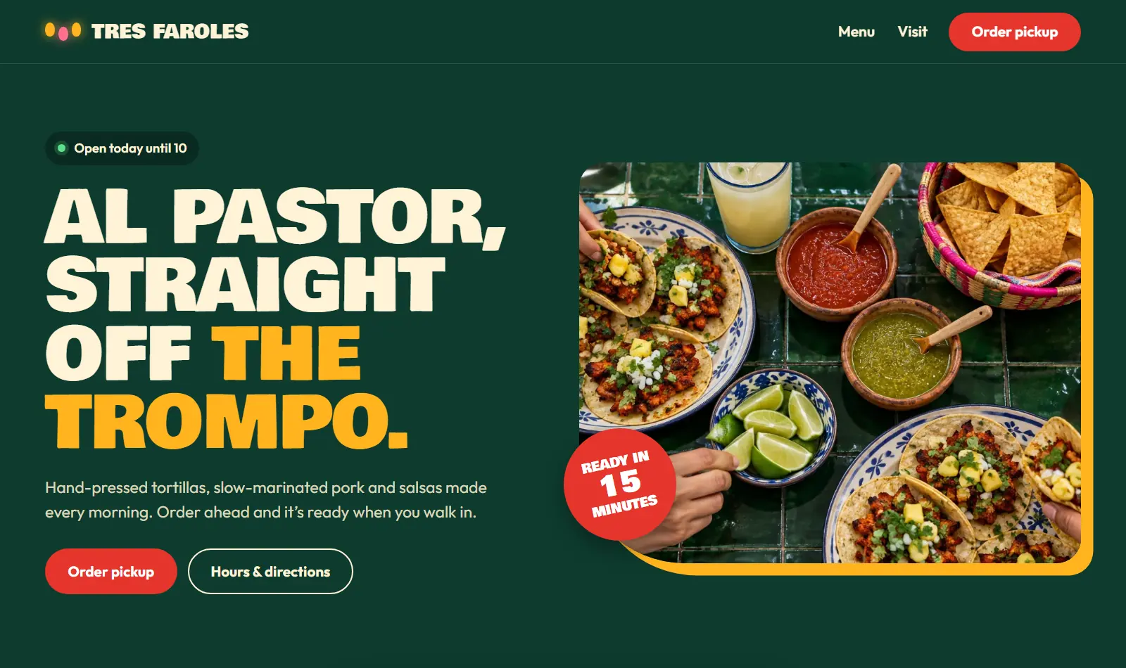 The new Tres Faroles example site: a bold menu page with an order button