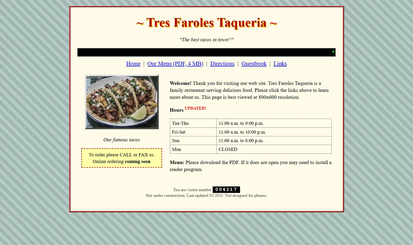 The old-style site it replaces: small text, a PDF menu and a visitor counter