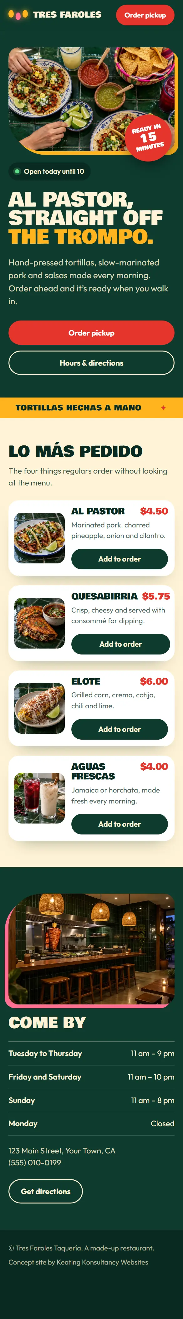 The same example site on a phone: menu, order buttons, hours and directions