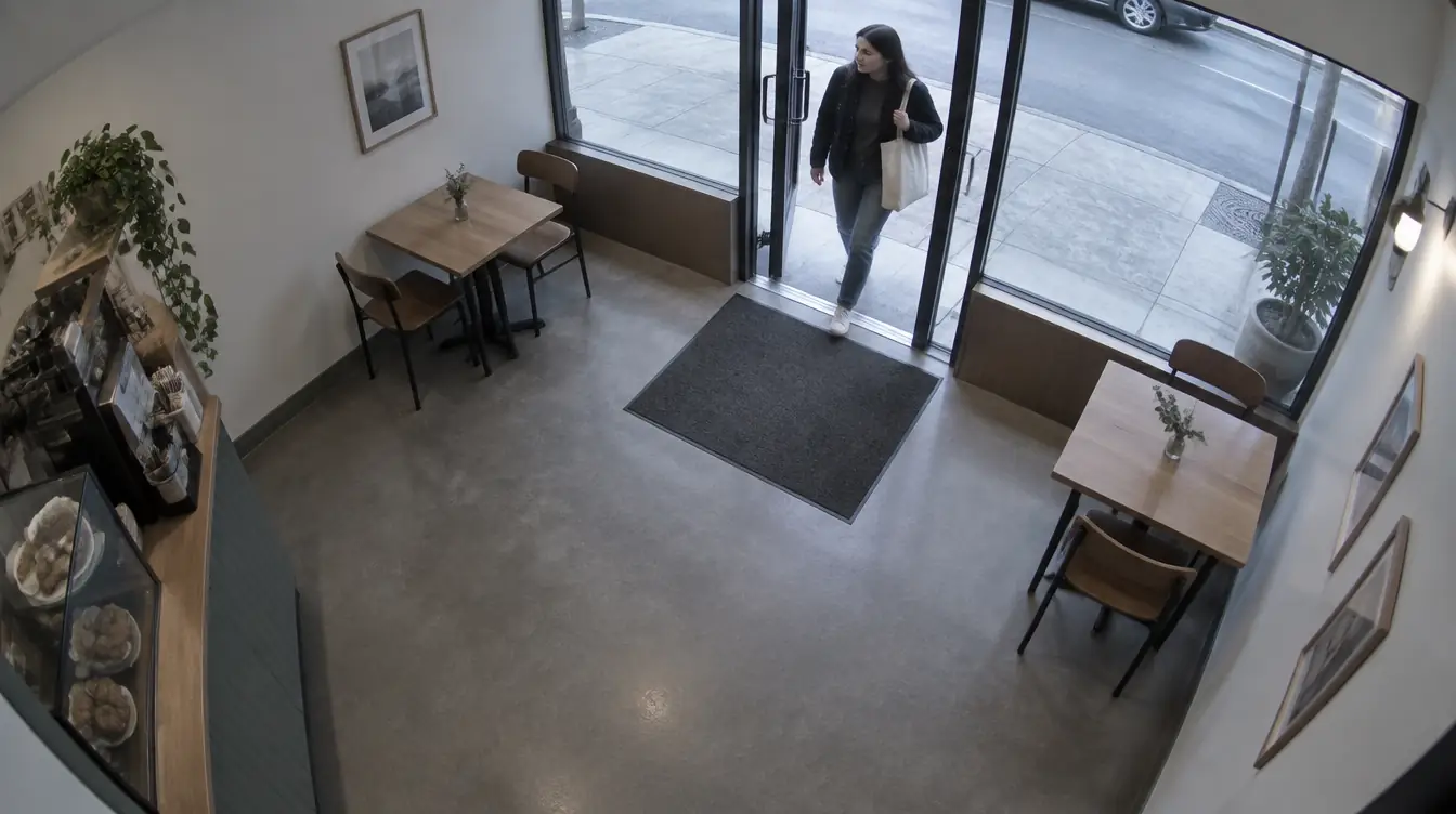 A customer walking in through the front door of a cafe, seen from a ceiling camera