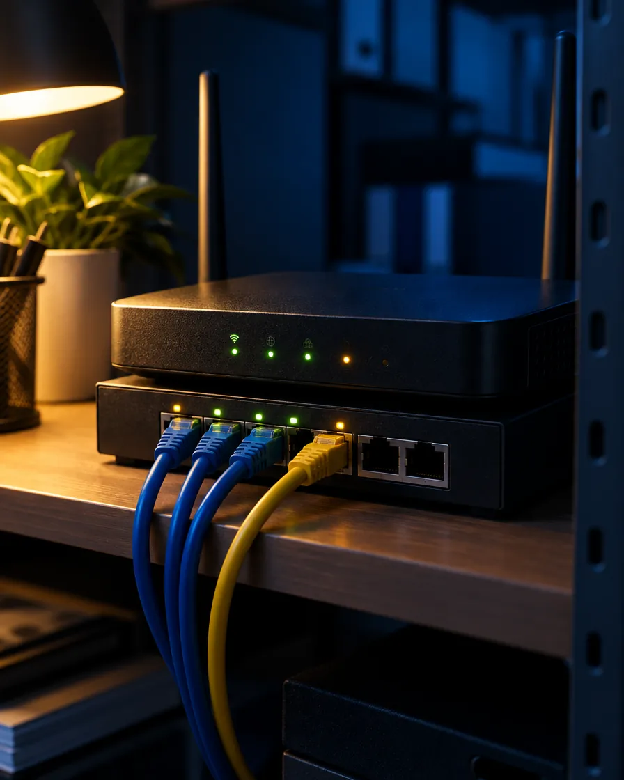 A business router and network switch with cables on a back-office shelf