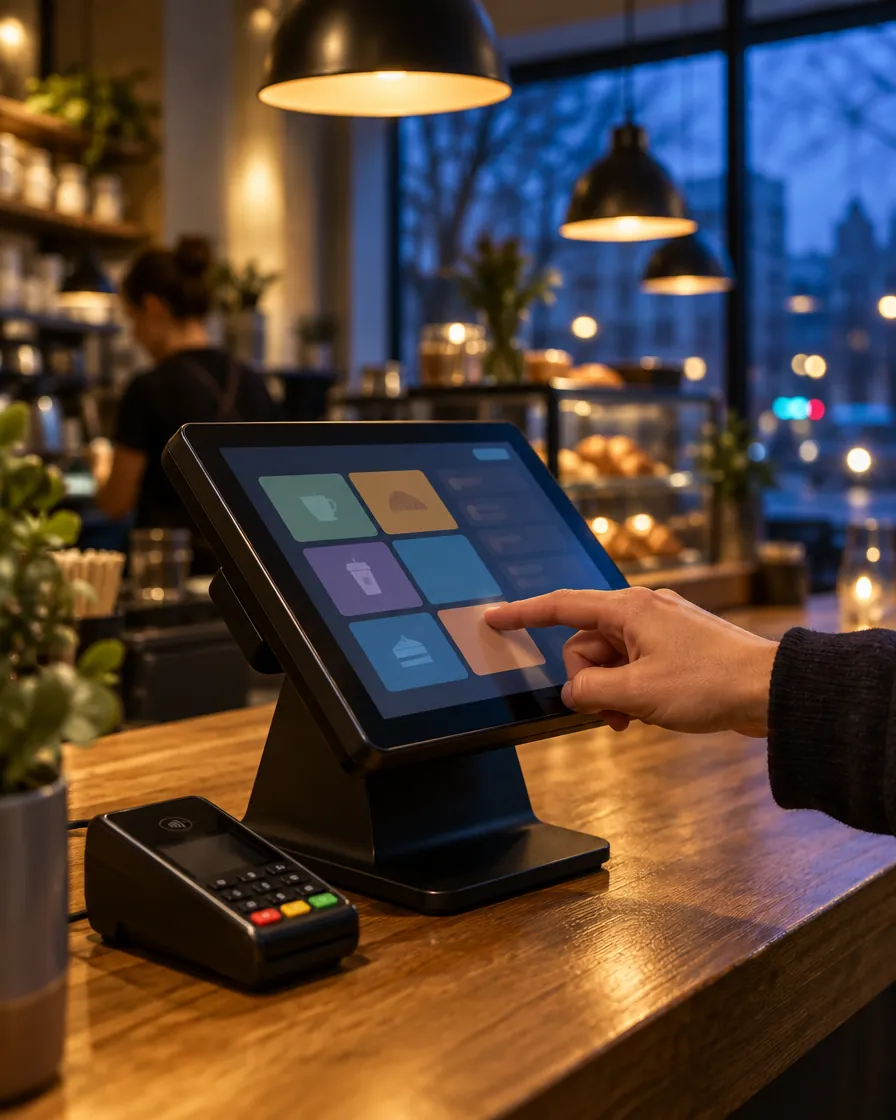 A hand tapping an order into a touchscreen register on a cafe counter