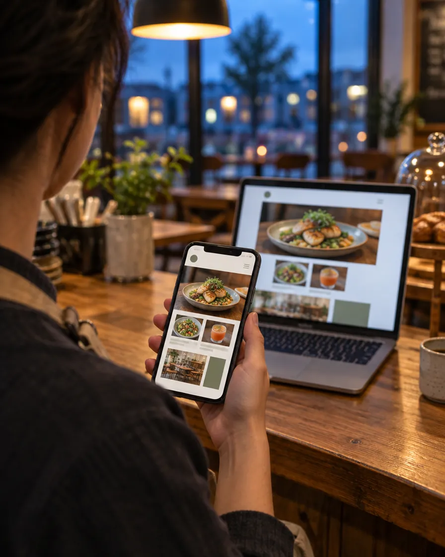 A cafe owner holding a phone showing their restaurant website