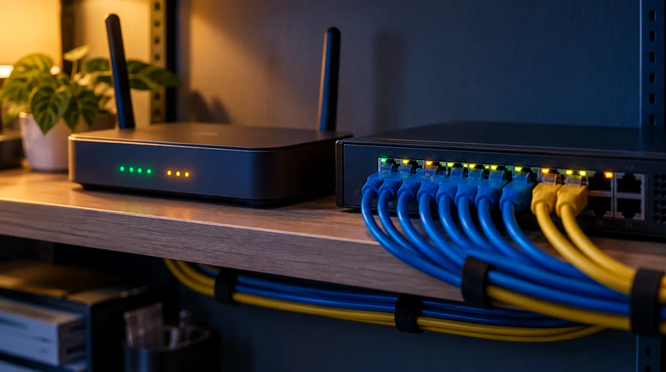 A business router and network switch with cables on a back-office shelf
