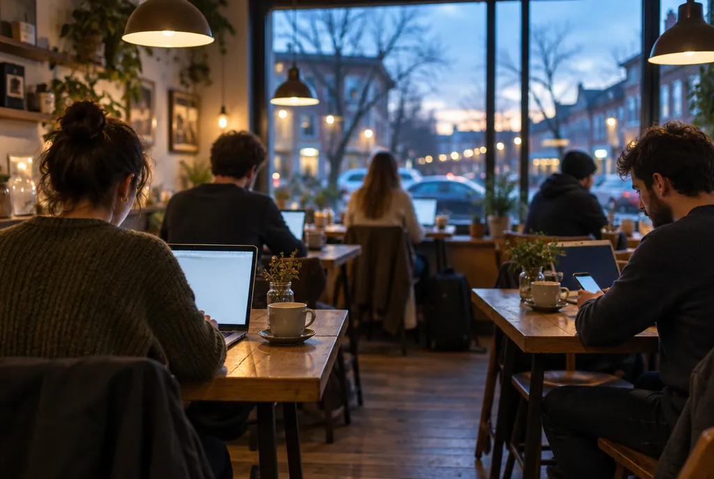 Guests working on laptops and phones in a cafe at dusk