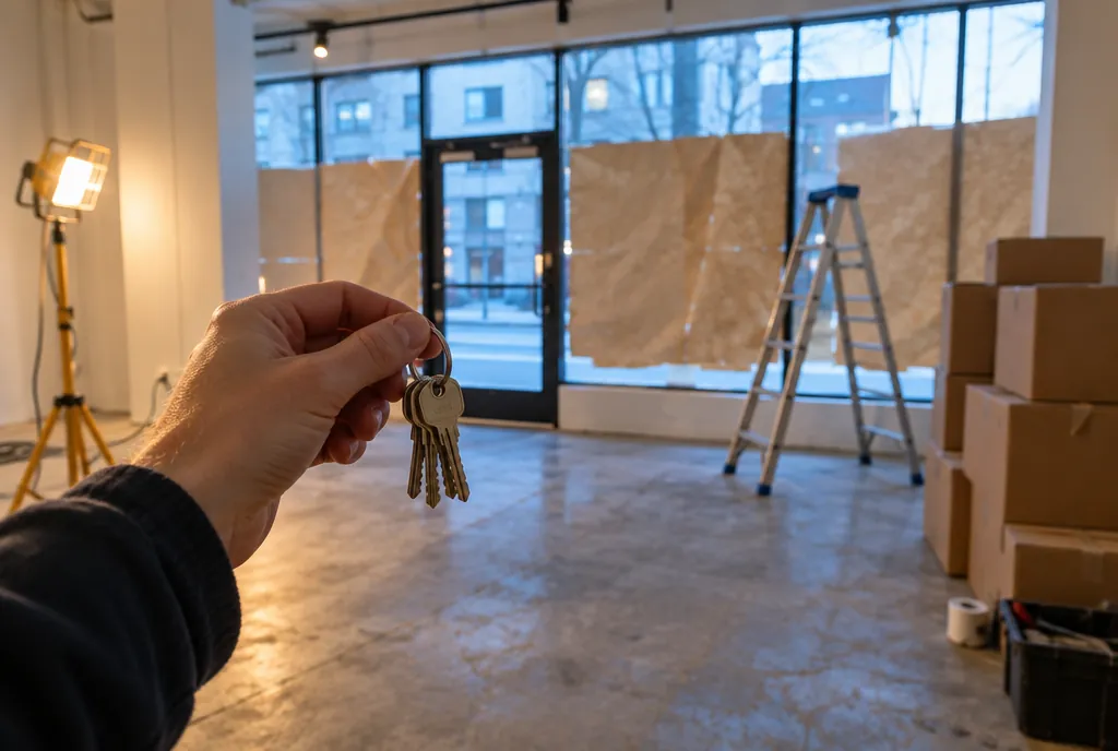 A hand holding up keys inside an empty retail unit being readied to open
