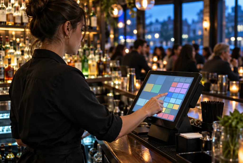 A bartender tapping an order into a touchscreen register on the bar