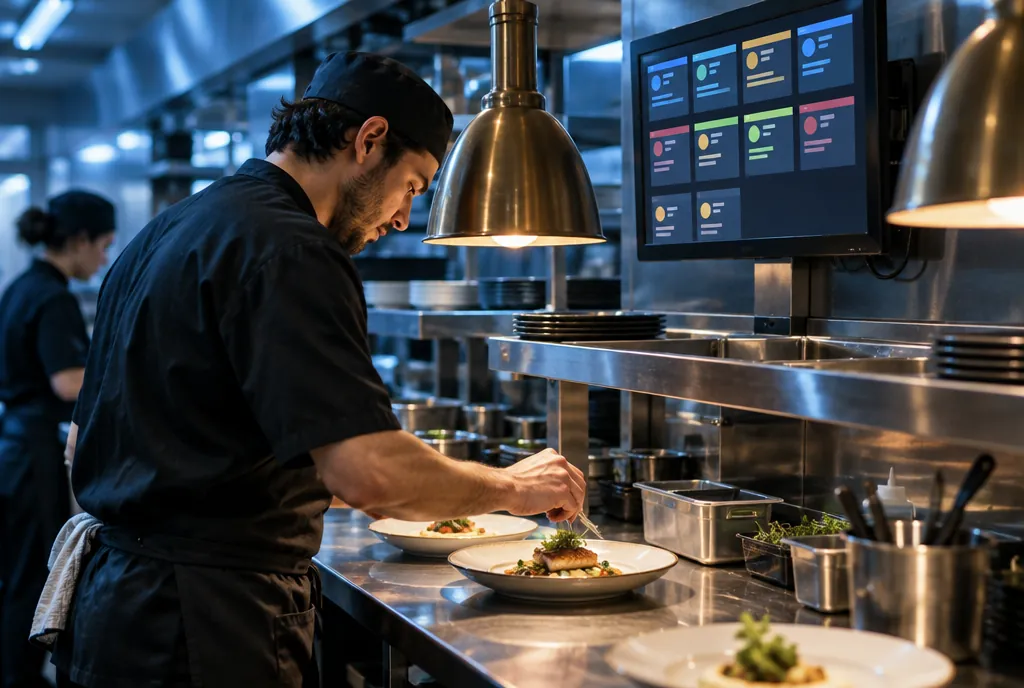 A cook plating a dish under a kitchen display screen showing order tiles