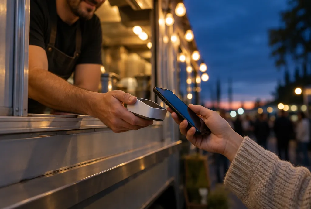 A food truck vendor holding out a mobile card reader as a customer taps a phone to pay
