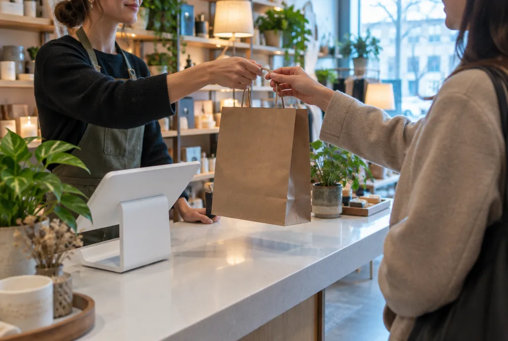 A shop owner handing a bag across a boutique counter beside a countertop register